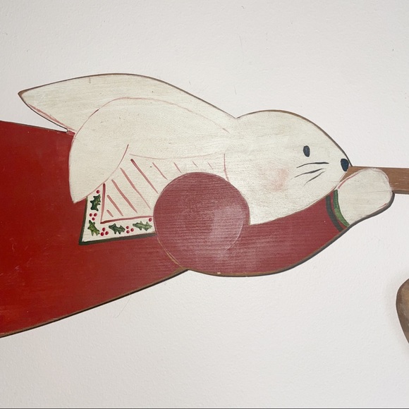 Primitive Wood Bunny Rabbit Wall Hanging Trumpet Merry Christmas Folk Art - Picture 3 of 10